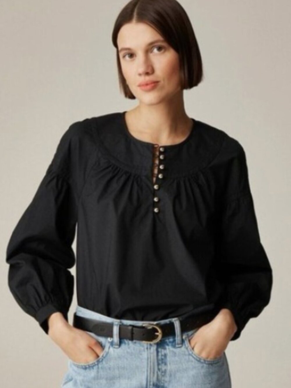J. Crew Shirred Popover Black Shirt in Cotton Poplin 100% Cotton Size Large